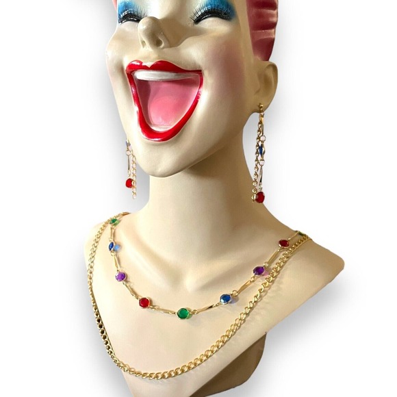 Retro Gold Rainbow Colorful Disc Double Strand Chain Necklace Dangle Earring Set - Picture 3 of 6